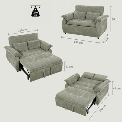 Canapé Convertible 2 Places, Canapé-Lit 3 en 1 Velours 137 cm, Dossier Réglable, Assise Large, 2 Oreillers, Vert
