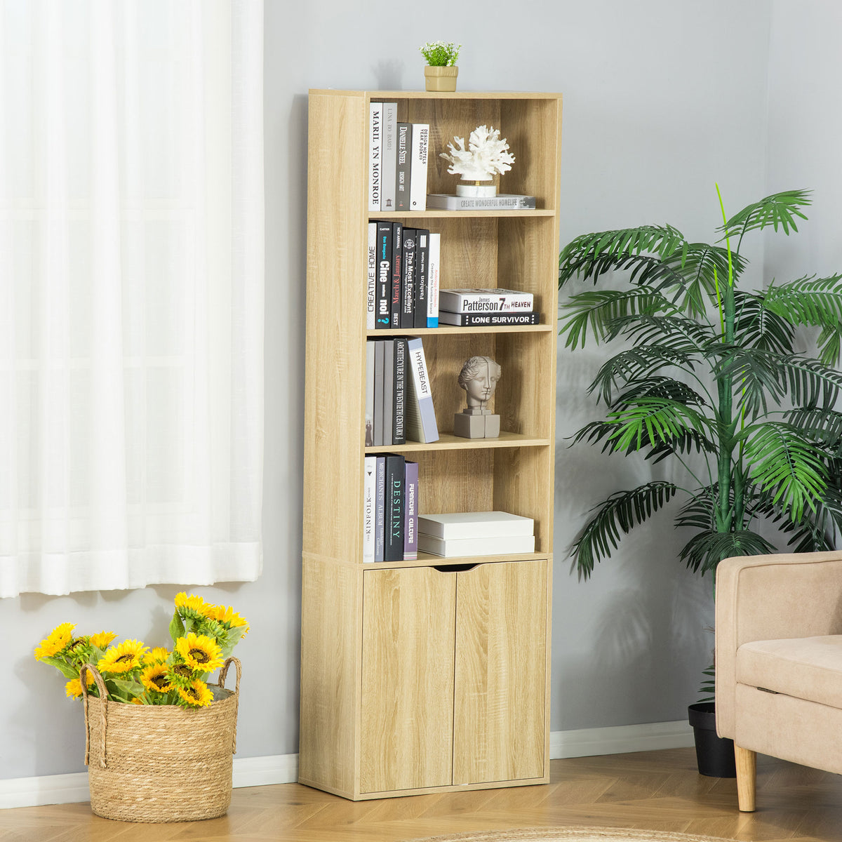 Bibliothèque Armoire à livres avec 4 compartiments ouverts et 2 portes pour le salon et le bureau 59x29x180 cm Bois naturel