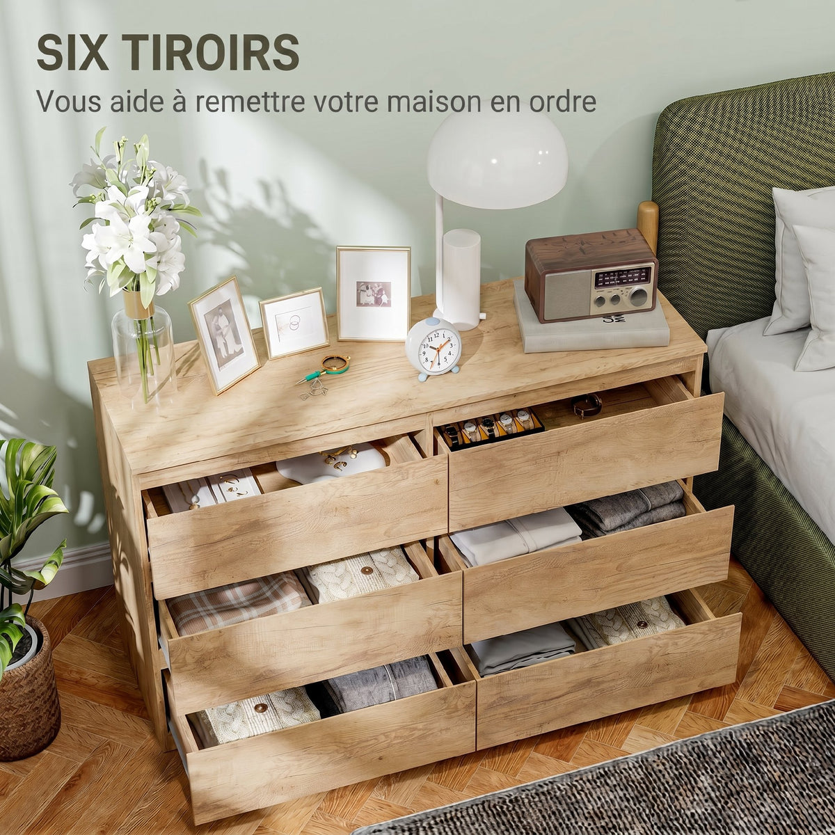 Commode 6 tiroirs meuble de rangement sans poignées design minimaliste 120 x 39 x 75 cm chêne