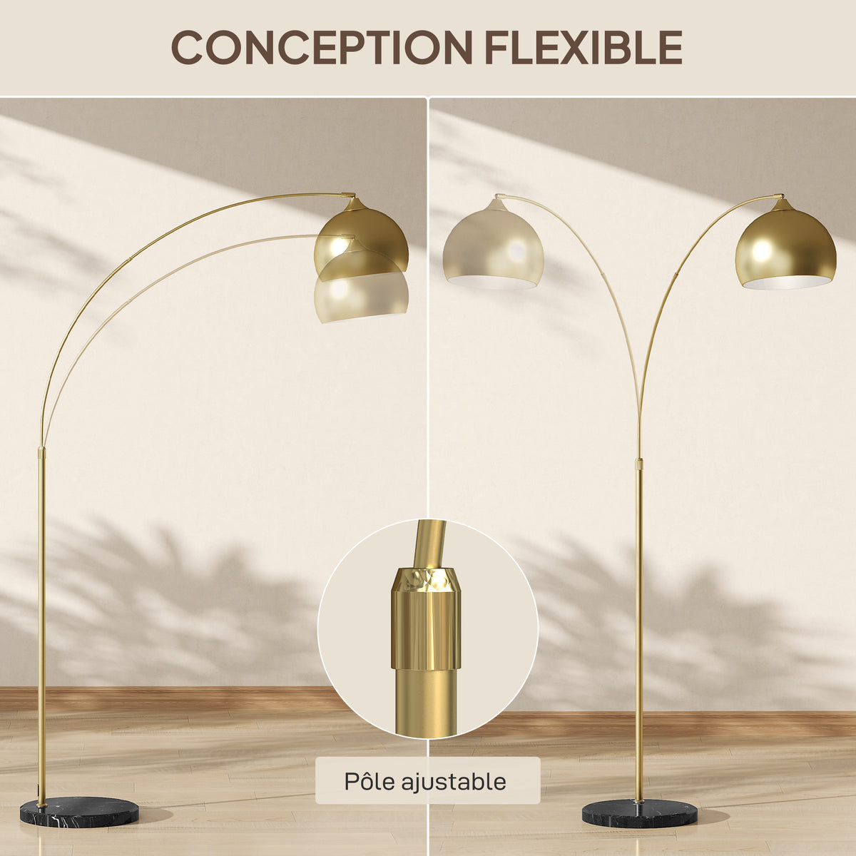 Lampadaire lampe de salon arc réglable pied marbre style vintage 40W E27 dim. 100-115L x 30l x 170-180H cm doré