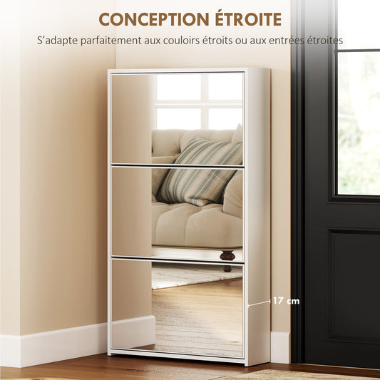 Meuble à chaussures 9 paires, armoire à chaussures étroite, 3 tiroirs rabattables et portes miroirs, 65x17x114,5cm blanc