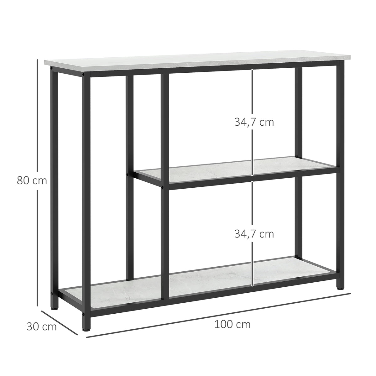 Console meuble 100 cm, table console 3 niveaux, plateaux en effet marbre, cadre en acier, blanc
