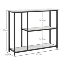 Console meuble 100 cm, table console 3 niveaux, plateaux en effet marbre, cadre en acier, blanc