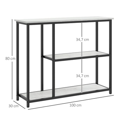 Console meuble 100 cm, table console 3 niveaux, plateaux en effet marbre, cadre en acier, blanc