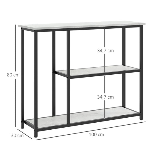 Console meuble 100 cm, table console 3 niveaux, plateaux en effet marbre, cadre en acier, blanc