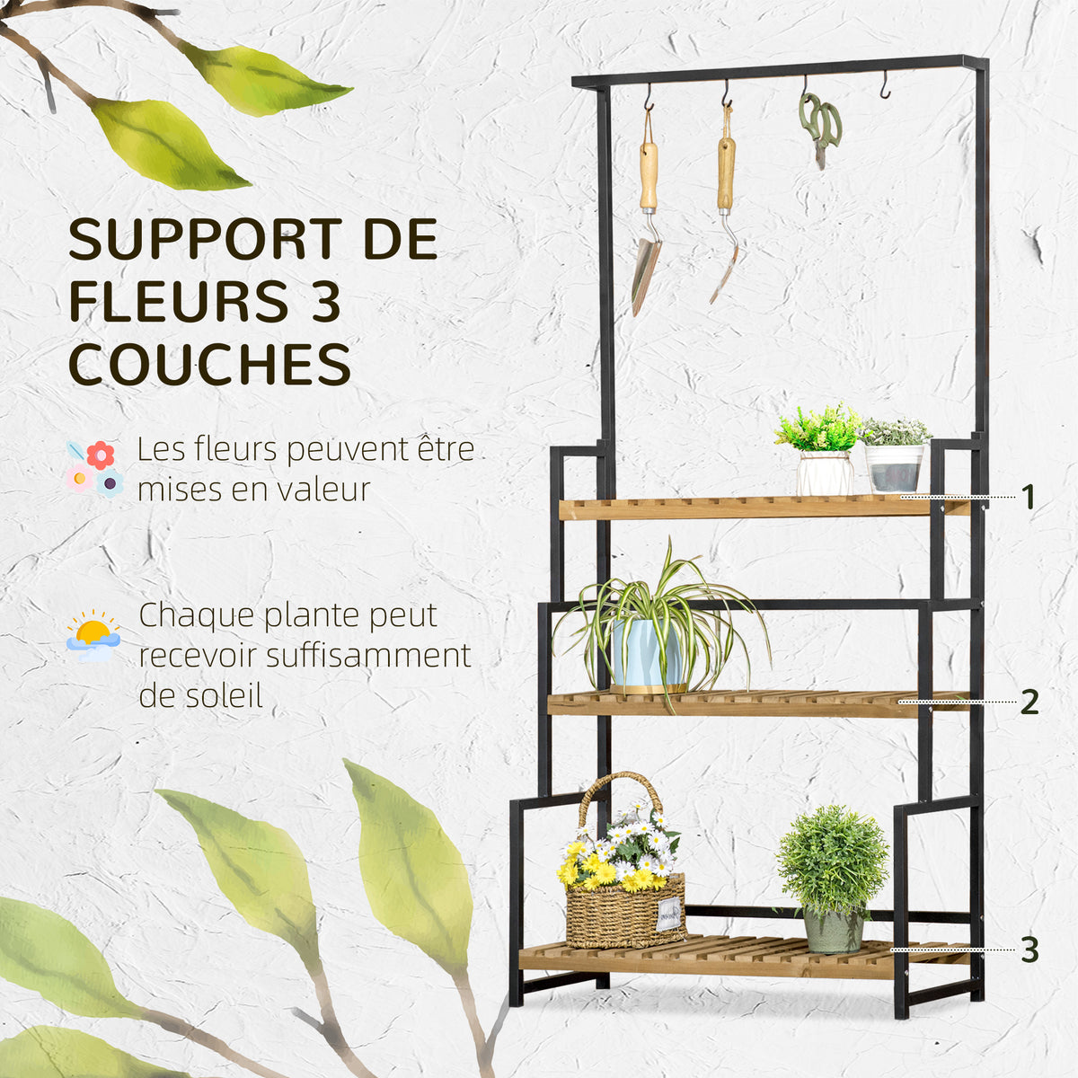 Porte plante suspendue en bois 3 niveaux + barre support avec 4 crochets pour pots suspendus 80 x 36 x 174 cm
