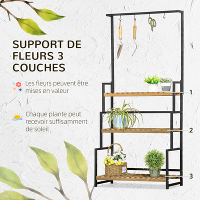 Porte plante suspendue en bois 3 niveaux + barre support avec 4 crochets pour pots suspendus 80 x 36 x 174 cm