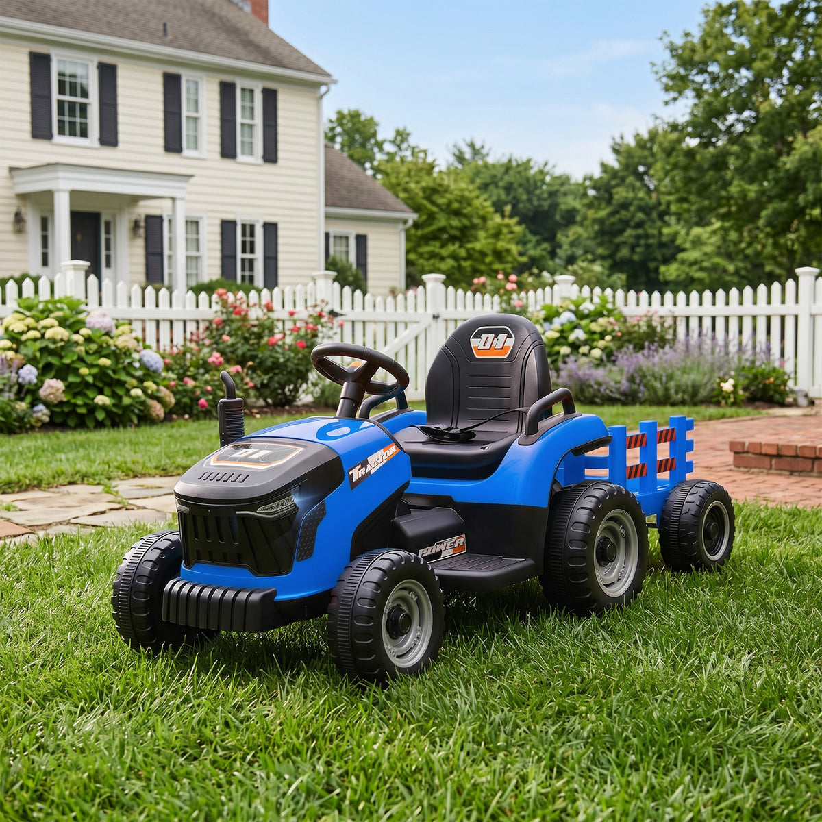 Tracteur électrique enfants avec remorque amovible, voiture électrique enfants, télécommande 2,4G, 139x58x55cm, bleu