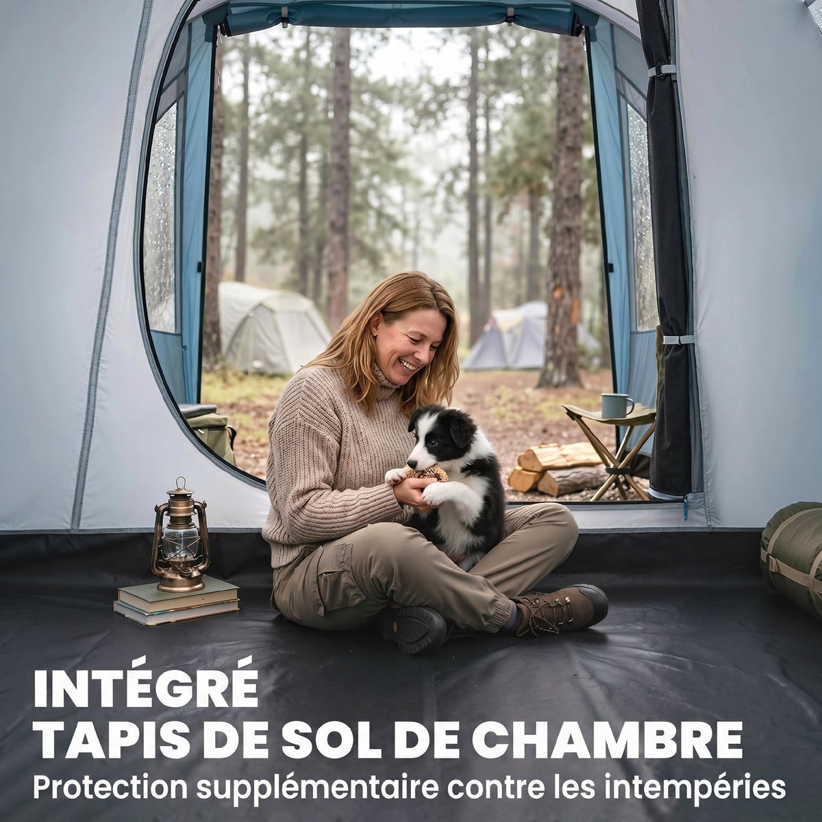 Tente de camping familiale 3 personnes, tente tunnel imperméable, 2 portes fenêtres, ventilée 4,6 x 2,6 x 1,9 m, bleu