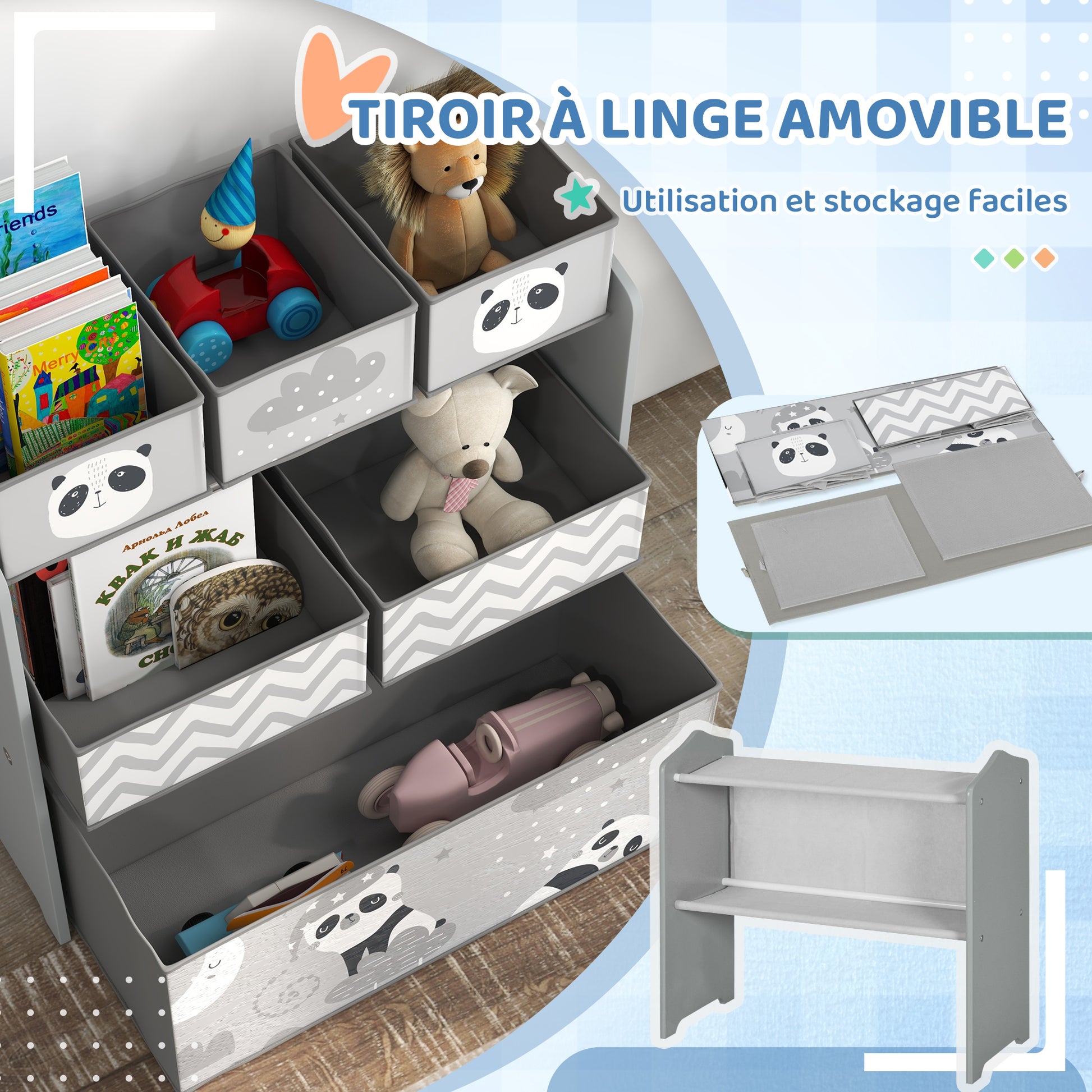 Meuble rangement enfant rangement jouet enfant 6 boîtes amovibles en tissu non tissé 63 x 30 x 66 cm gris