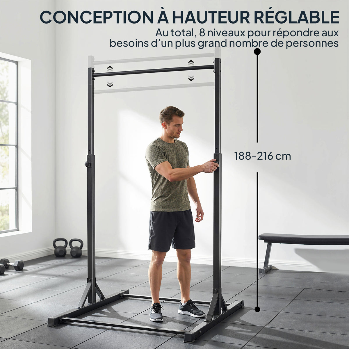 Station de musculation et barre de traction power tower 200 kg avec 8 niveaux de hauteur noir