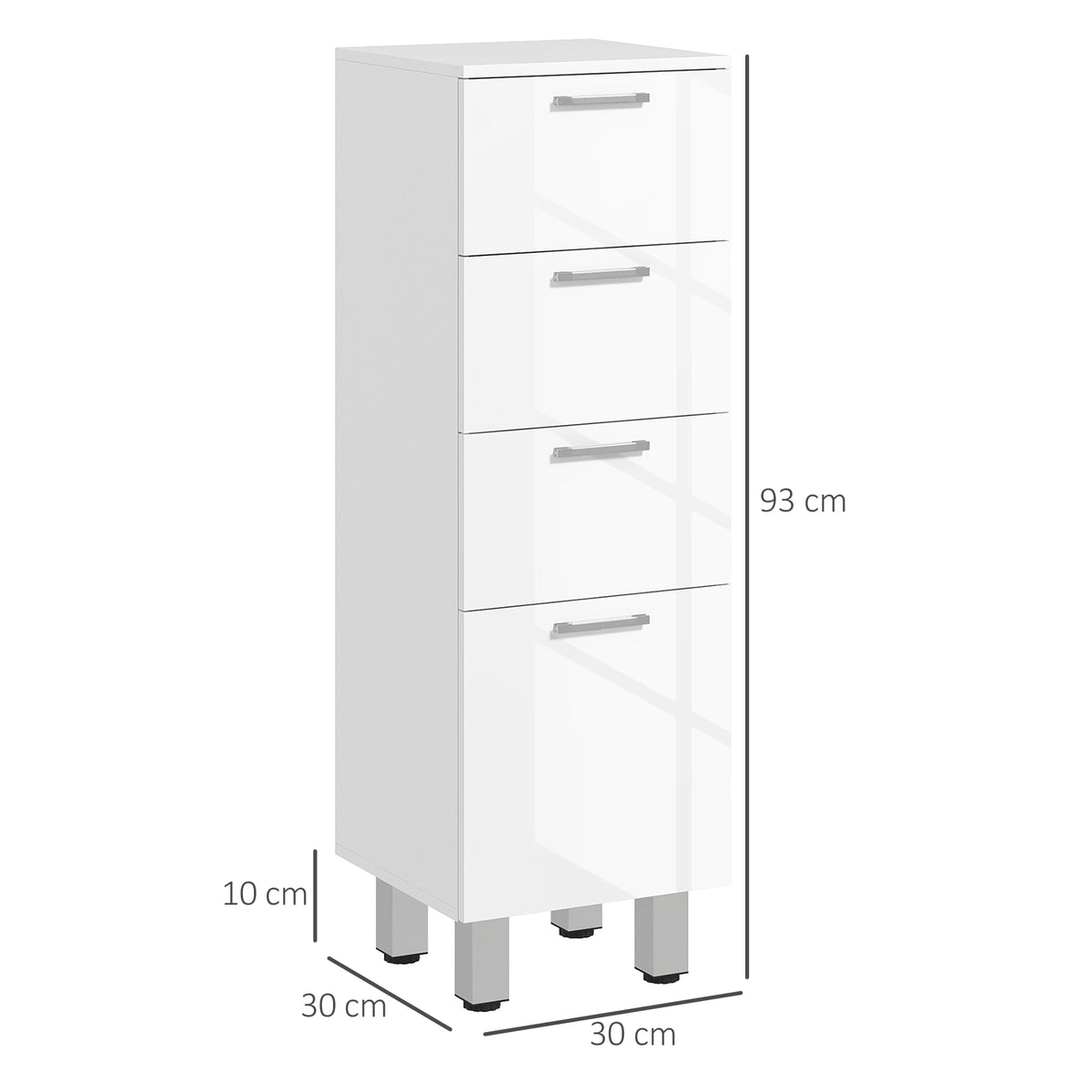 Meuble de salle de bain sur pied - 4 tiroirs et base surélevée, commode salle de bain salon chambre, 30x30x93cm, blanc