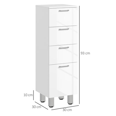 Meuble de salle de bain sur pied - 4 tiroirs et base surélevée, commode salle de bain salon chambre, 30x30x93cm, blanc