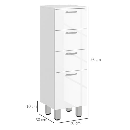 Meuble de salle de bain sur pied - 4 tiroirs et base surélevée, commode salle de bain salon chambre, 30x30x93cm, blanc