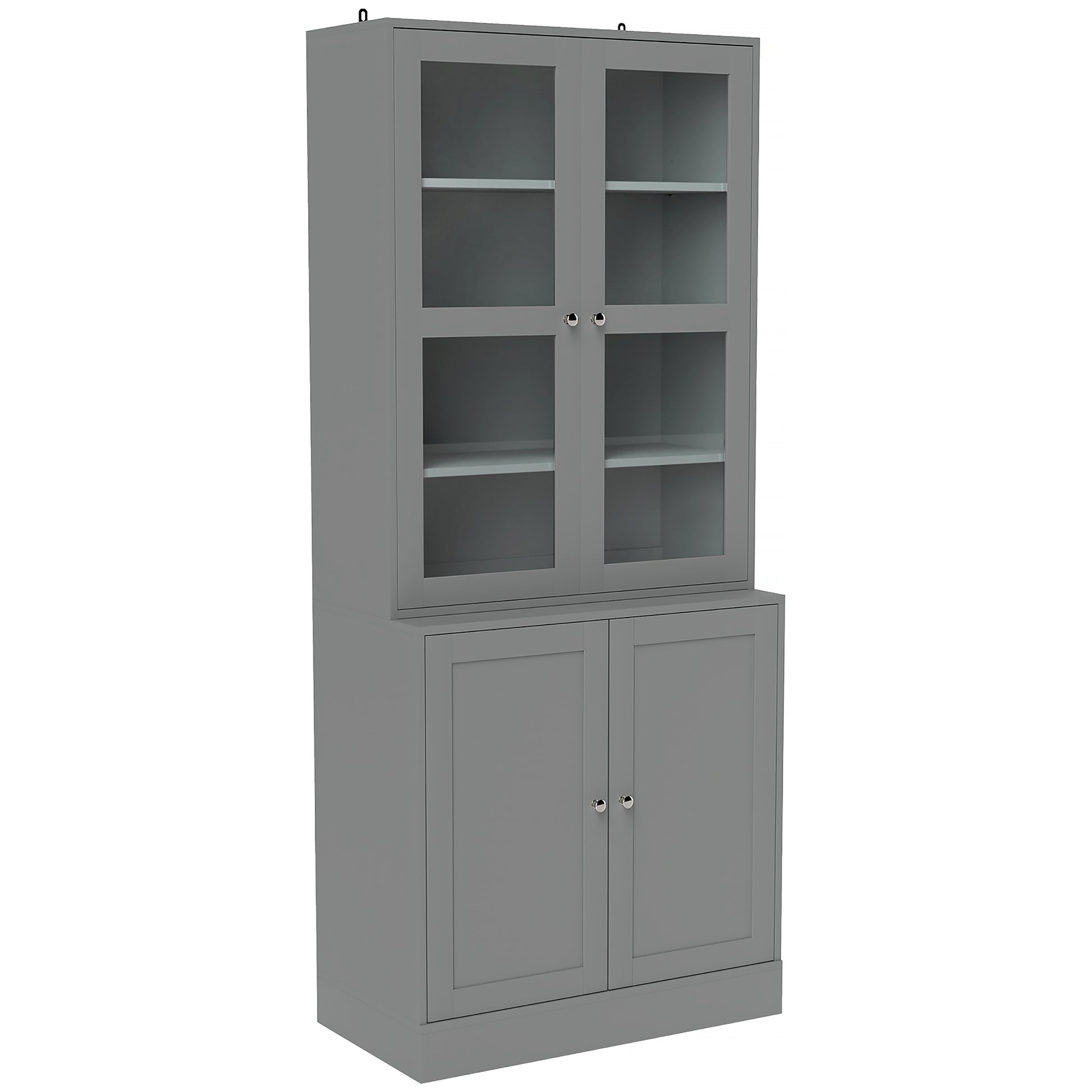 Bibliothèque vitrine, meuble de rangement à 6 niveaux avec 4 portes dont 2 en verre trempé, étagères réglables, gris