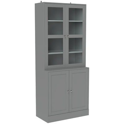 Bibliothèque vitrine, meuble de rangement à 6 niveaux avec 4 portes dont 2 en verre trempé, étagères réglables, gris