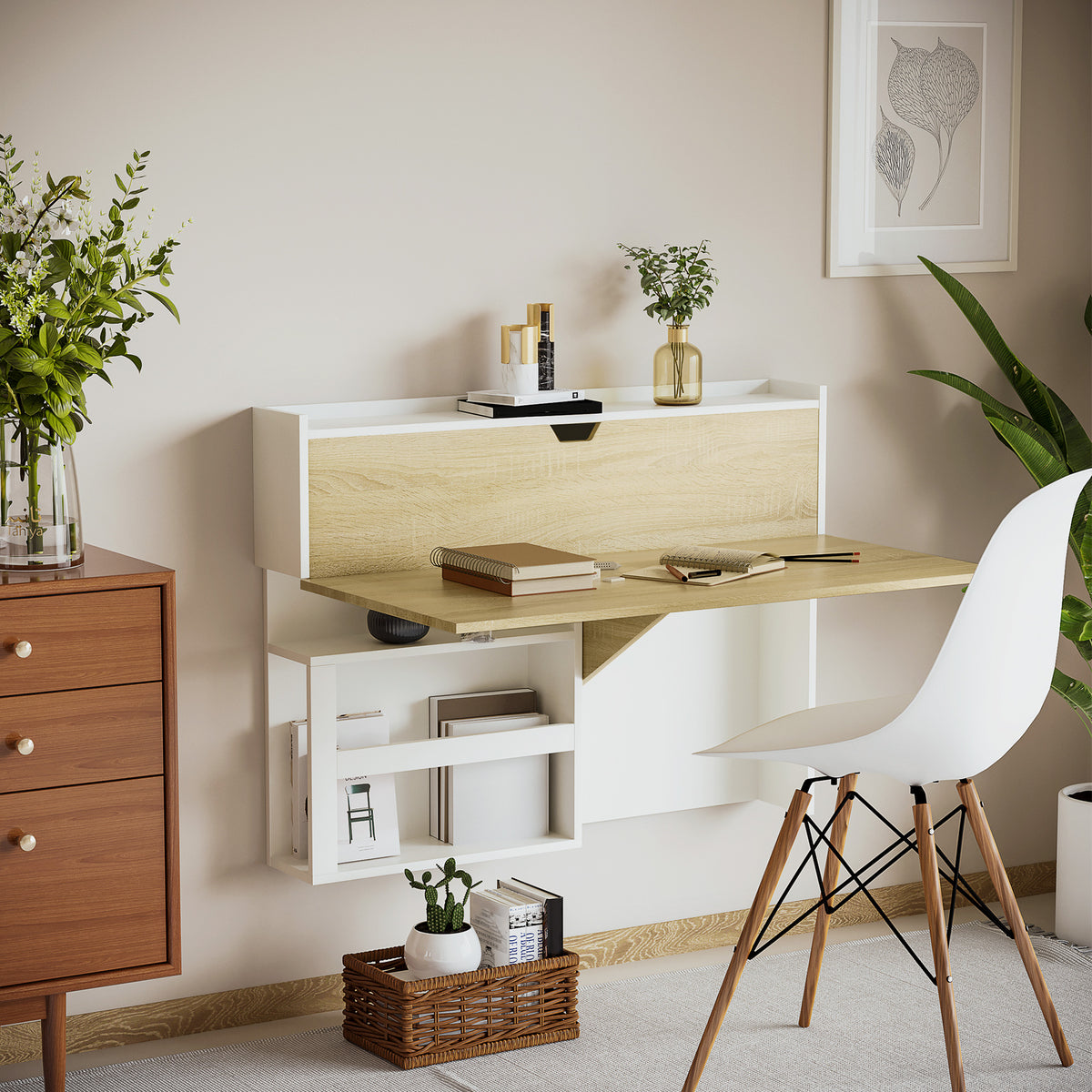Bureau pliable mural avec étagères de rangement et placard, bureau rabattable, 100 x 18 x 74 cm effet bois naturel