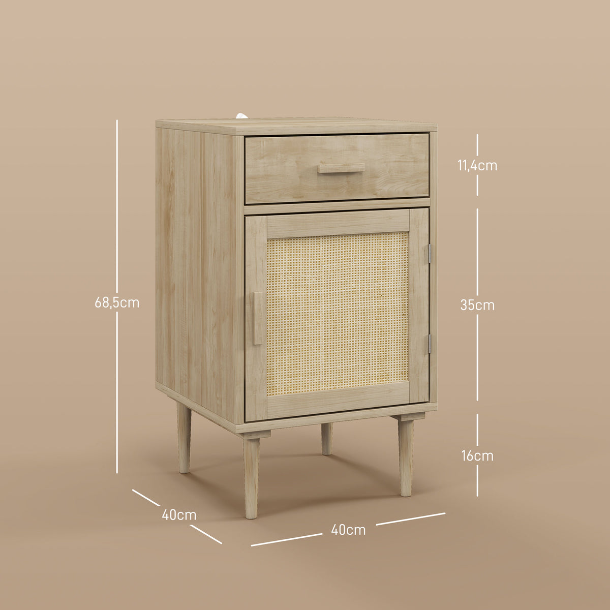 Lot de 2 tables de chevet avec placard et étagère porte rotin tissé 1 tiroir design bohème - 40 x 40 x 68,5 cm naturel