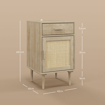 Lot de 2 tables de chevet avec placard et étagère porte rotin tissé 1 tiroir design bohème - 40 x 40 x 68,5 cm naturel