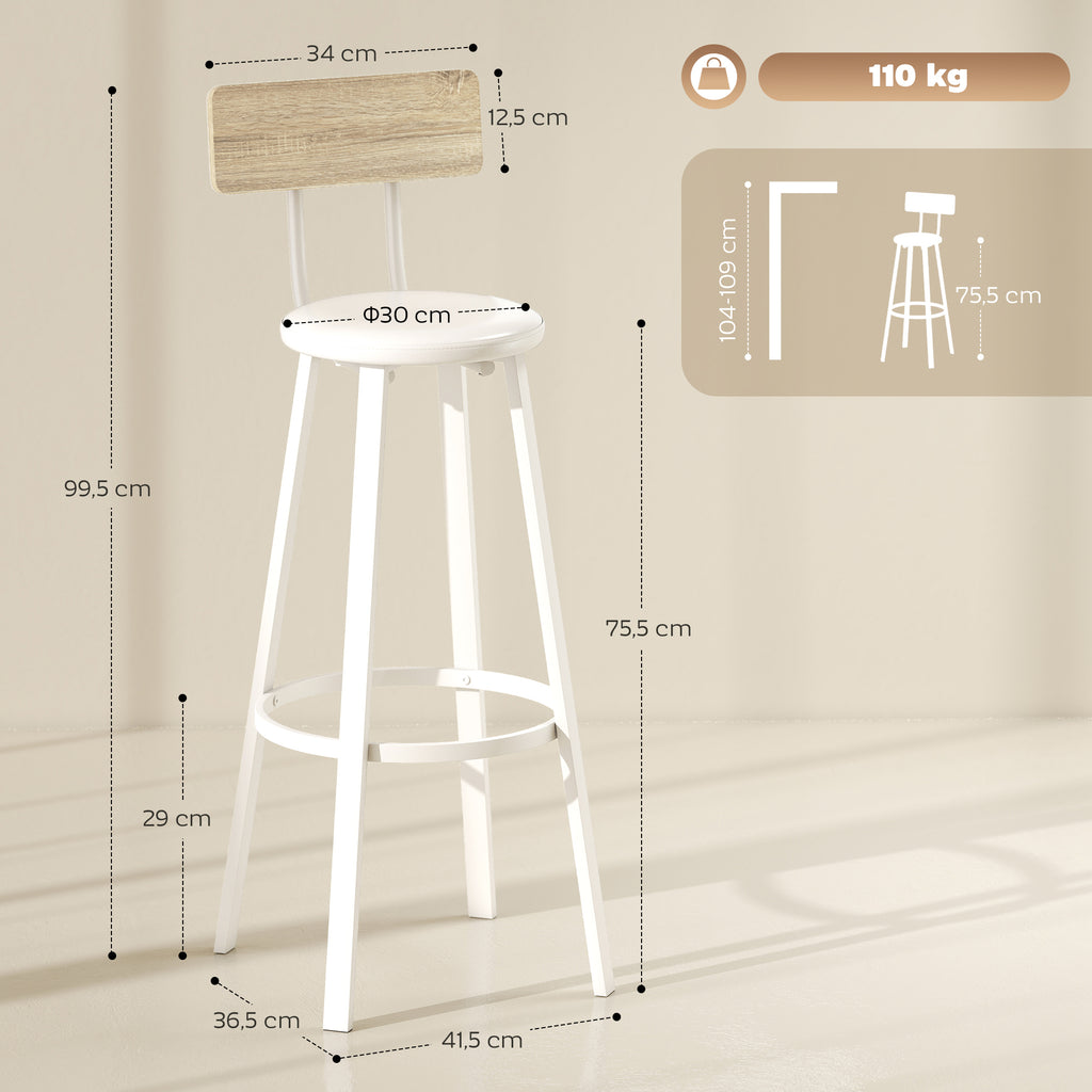 Lot de 2 tabourets de bar, chaises de bar, assise rembourrée 75,5H cm, dossier et repose-pieds, bois naturel et blanc