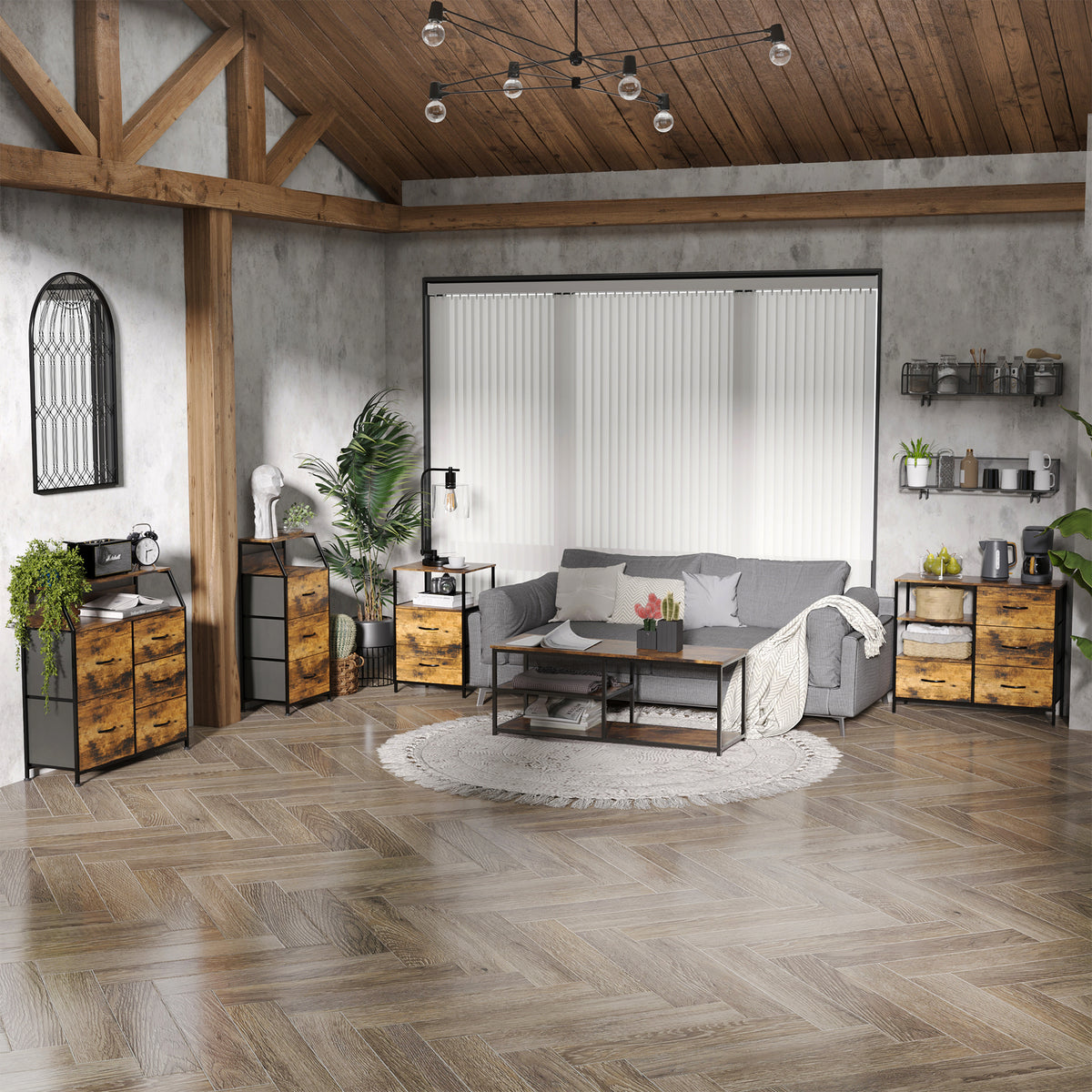 Meuble de rangement style industriel commode 3 tiroirs en tissu amovibles et 2 étagères - 44 x 29 x 92 cm - bois et métal