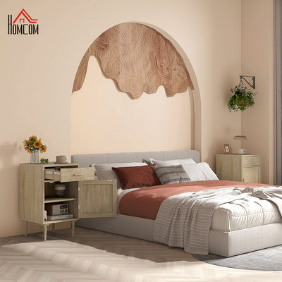 Lot de 2 tables de chevet avec placard et étagère porte rotin tissé 1 tiroir design bohème - 40 x 40 x 68,5 cm naturel