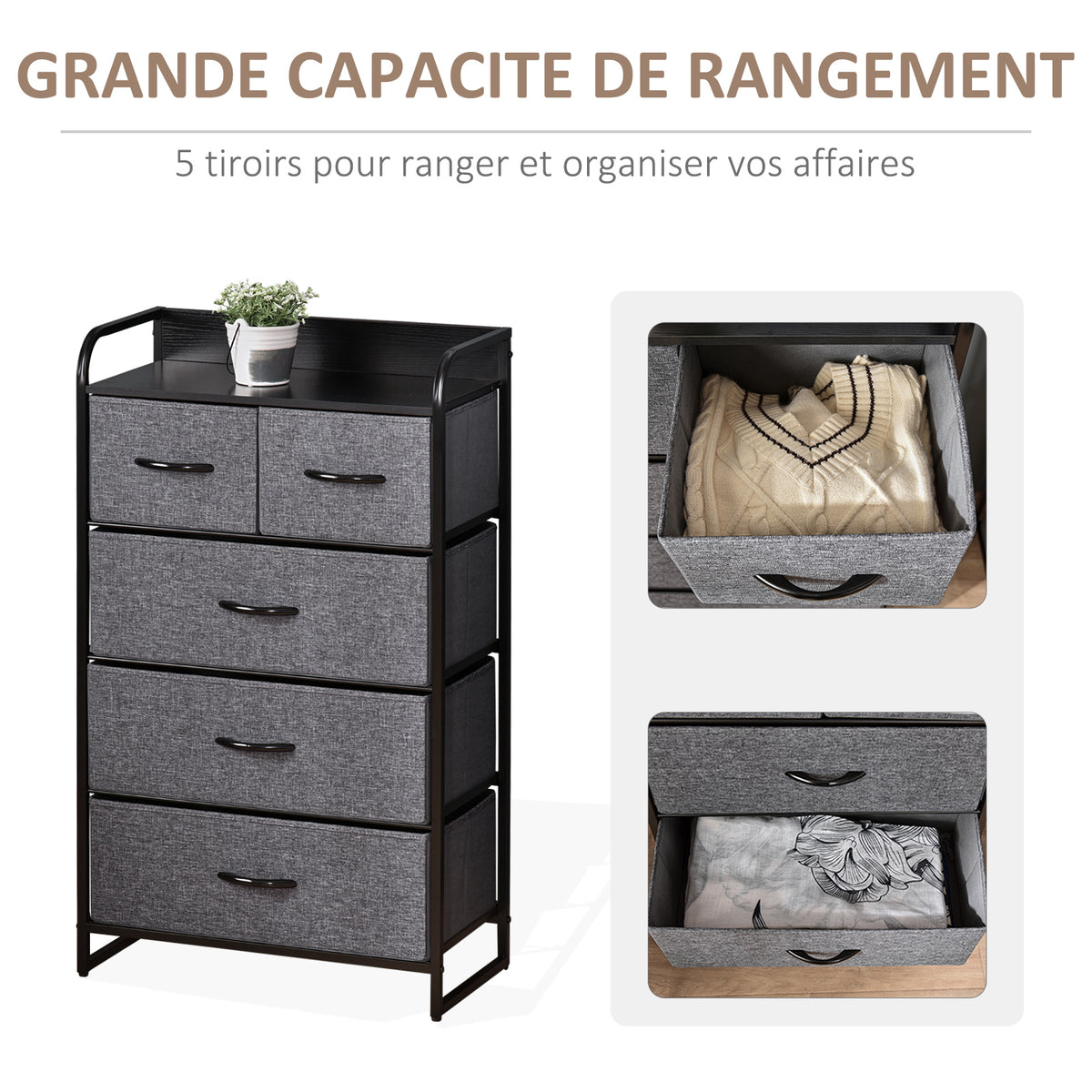 Commode Meuble de Rangement 5 tiroirs Pliables en Tissu 58 x 29 x 99 cm Gris