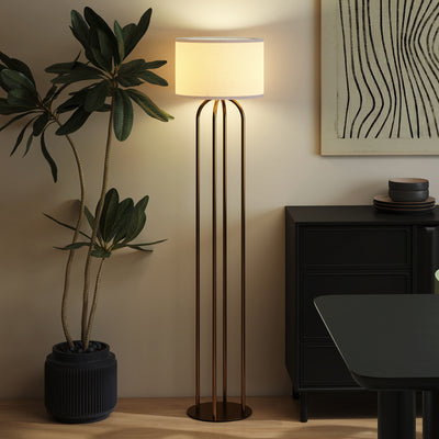 Lampadaire sur pied de salon, lampe sur pied avec abat-jour en lin et interrupteur à pied, Ø 38 x 161 cm, doré et beige