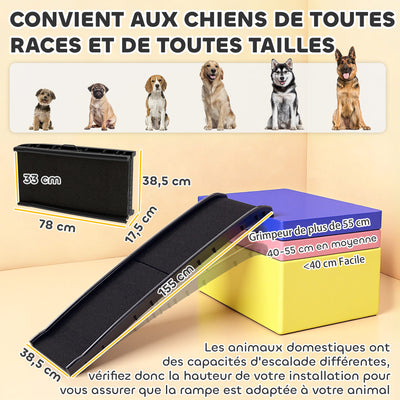 Rampe pliable pour chiens, escalier pour chien en PP avec pente douce et surface antidérapante, 155x38,5x15,5cm, noir