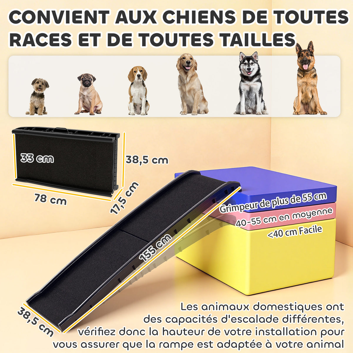Rampe pliable pour chiens, escalier pour chien en PP avec pente douce et surface antidérapante, 155x38,5x15,5cm, noir
