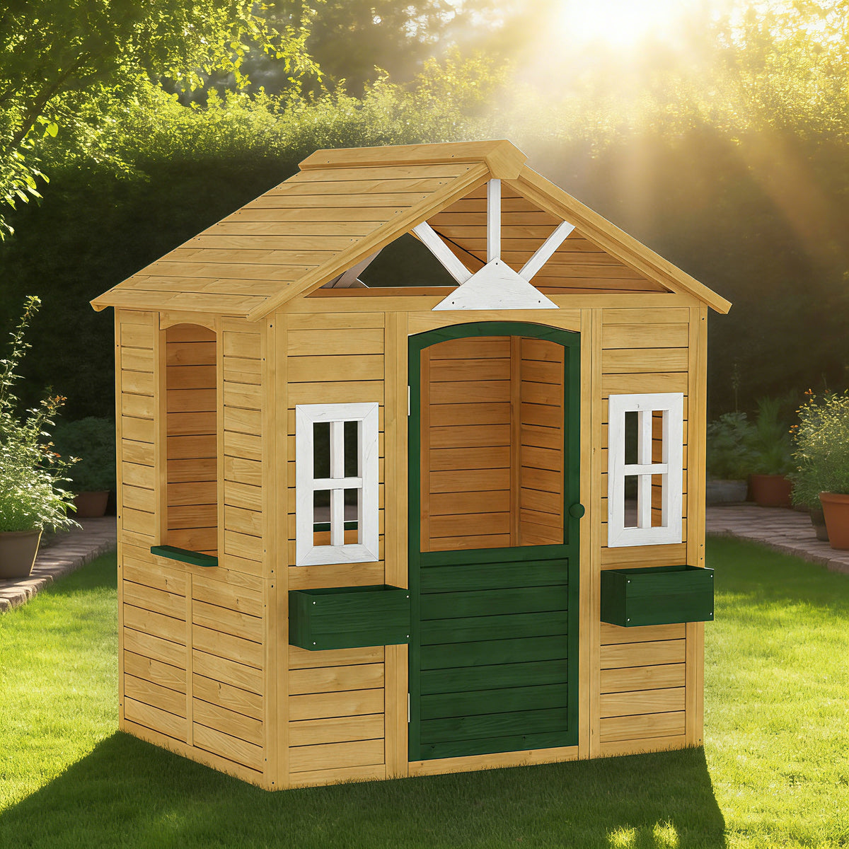 Cabane enfant extérieur en bois, maison enfant extérieure avec porte, fenêtres, 2 bacs à fleurs, 134,5x97x150cm, marron