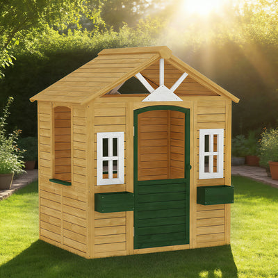 Cabane enfant extérieur en bois, maison enfant extérieure avec porte, fenêtres, 2 bacs à fleurs, 134,5x97x150cm, marron
