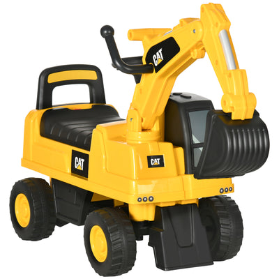 Tractopelle enfant sous licence CAT, porteur enfant, pelle manuelle, klaxon et rangement caché, 85x27,5x47,5cm, jaune