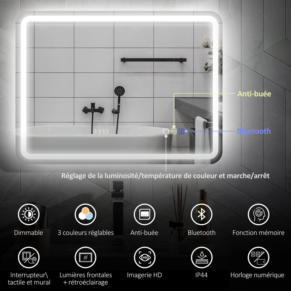 Miroir salle de bain Bluetooth avec éclairage LED 60 x 80 cm, miroir lumineux mural avec horloge, antibuée, argenté