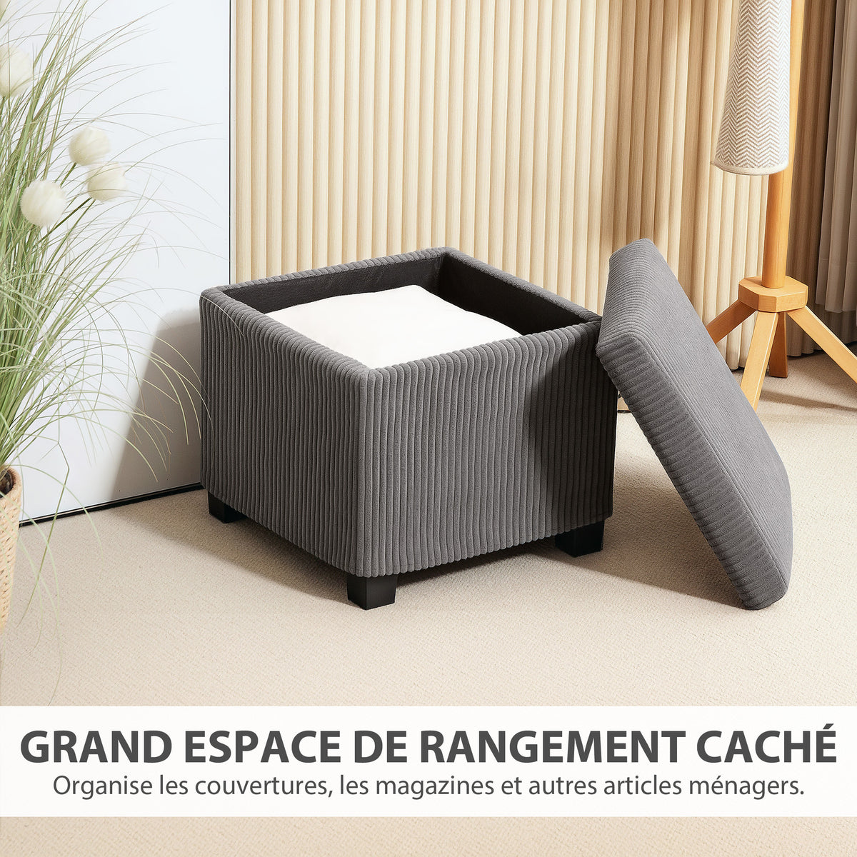 Coffre pouf rangement 30 L avec couvercle amovible, ottoman cube rembourré en velours côtelé, 40 x 40 x 40 cm, gris