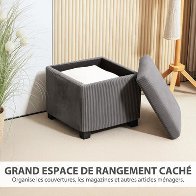 Coffre pouf rangement 30 L avec couvercle amovible, ottoman cube rembourré en velours côtelé, 40 x 40 x 40 cm, gris