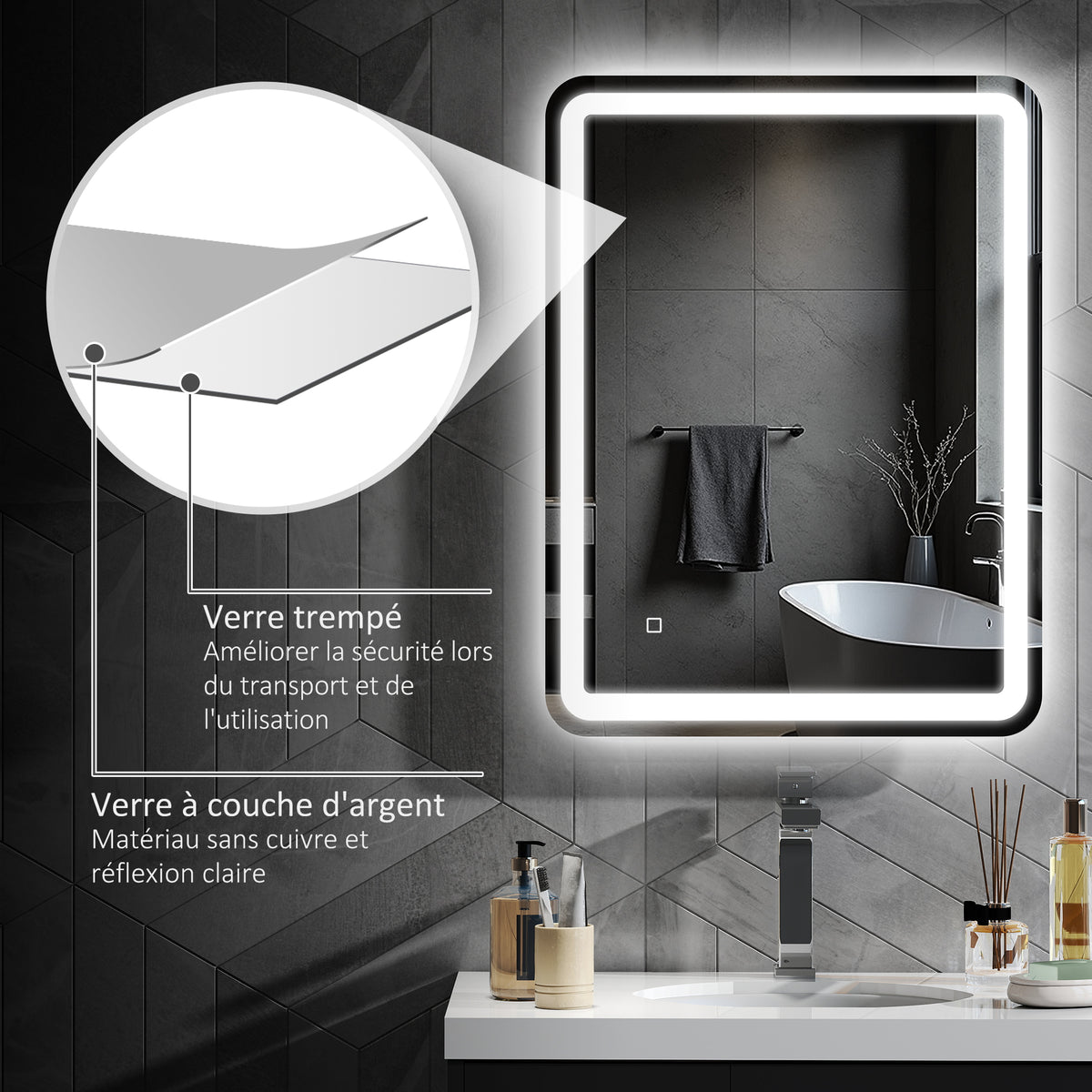 Miroir de salle de bain 60 x 80 cm, miroir LED mural avec 3 couleurs lumière, dimmable, mémoire, anti-buée, argent