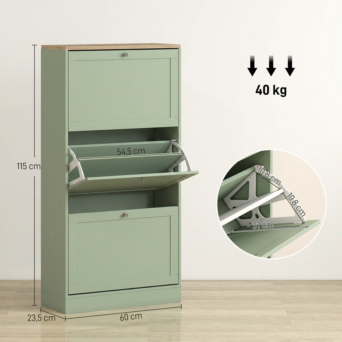 Meuble à Chaussures Style Moderne, 3 Portes Abattantes, 18 Paires de Chaussures, 60 x 23,5 x 115 cm, Vert