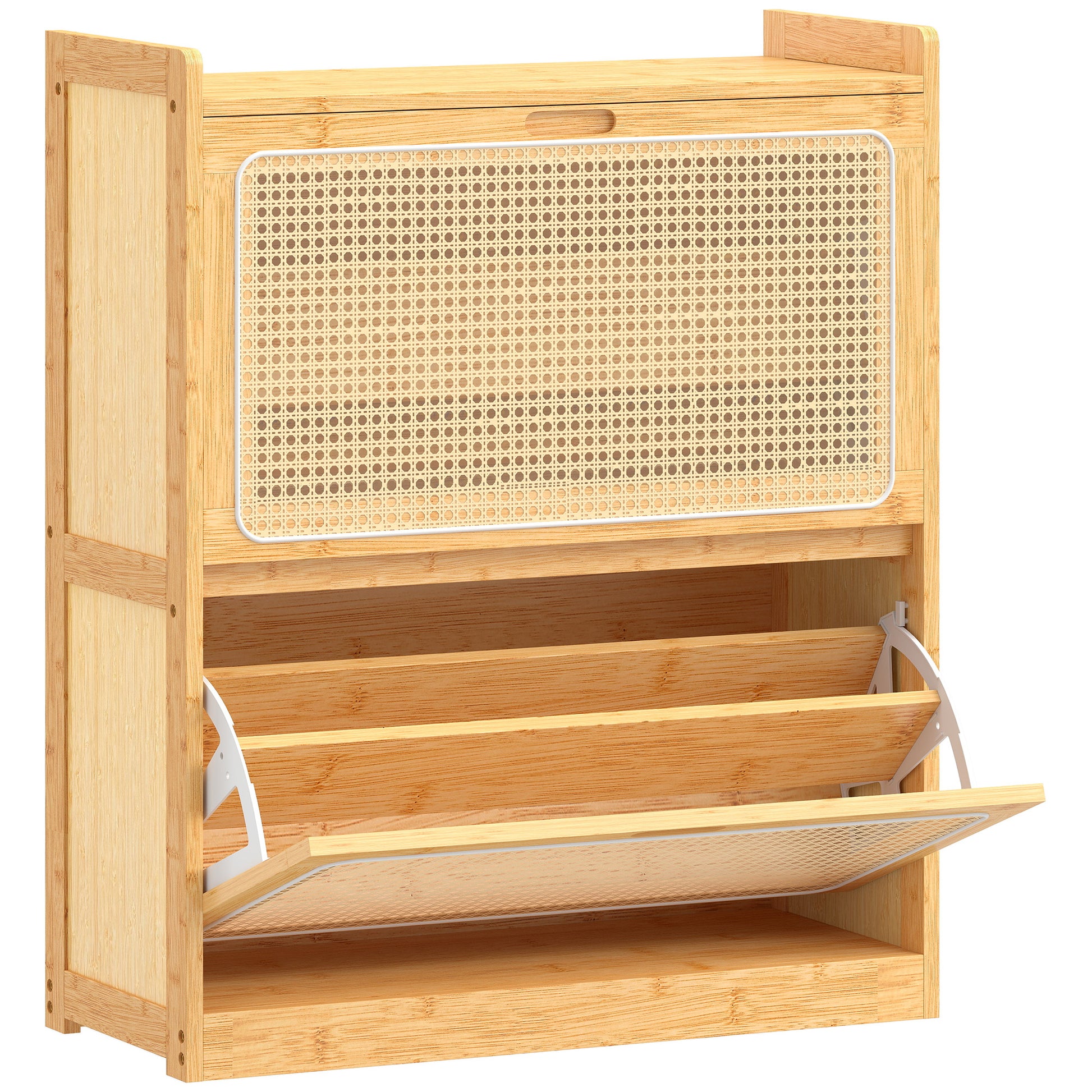 Meuble à chaussures 14 paires, armoire à chaussures 2 tiroirs rabattables, étagères réglables, 69x29x83cm, bois naturel