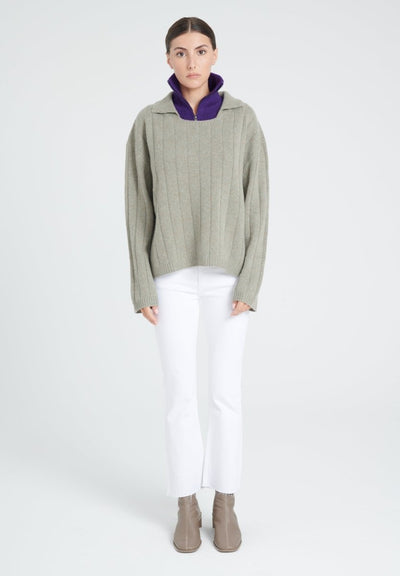 Pull col claudine cachemire 6 fils kaki taupe chiné femme - ZAYA 17
