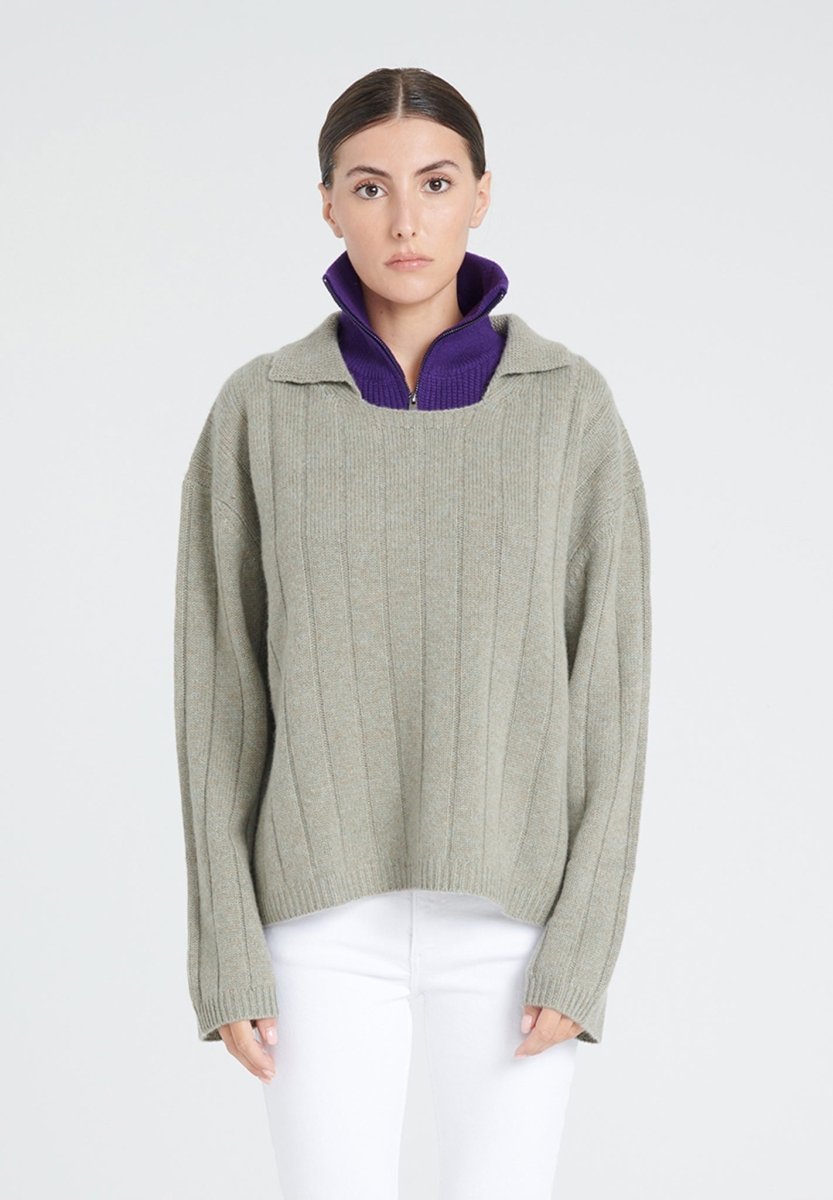 Pull col claudine cachemire 6 fils kaki taupe chiné femme - ZAYA 17