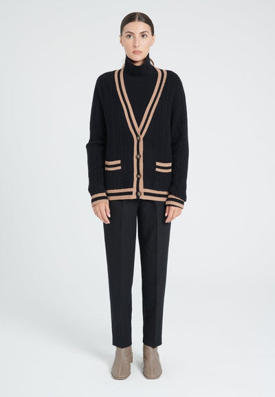 Cardigan col V femme en cachemire 4 fils noir & camel - ZAYA 2