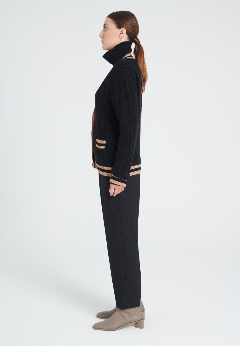 Cardigan col V femme en cachemire 4 fils noir & camel - ZAYA 2