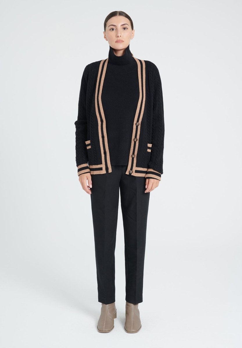 Cardigan col V femme en cachemire 4 fils noir & camel - ZAYA 2