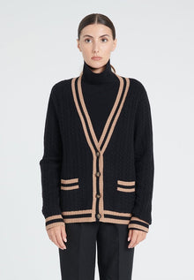Cardigan col V femme en cachemire 4 fils noir & camel - ZAYA 2