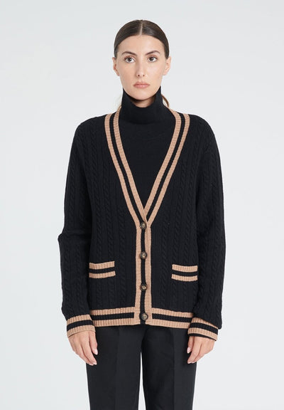 Cardigan col V femme en cachemire 4 fils noir & camel - ZAYA 2