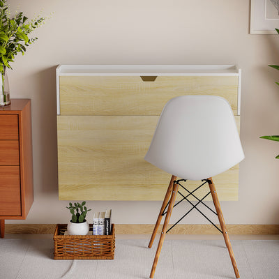 Bureau pliable mural avec étagères de rangement et placard, bureau rabattable, 100 x 18 x 74 cm effet bois naturel