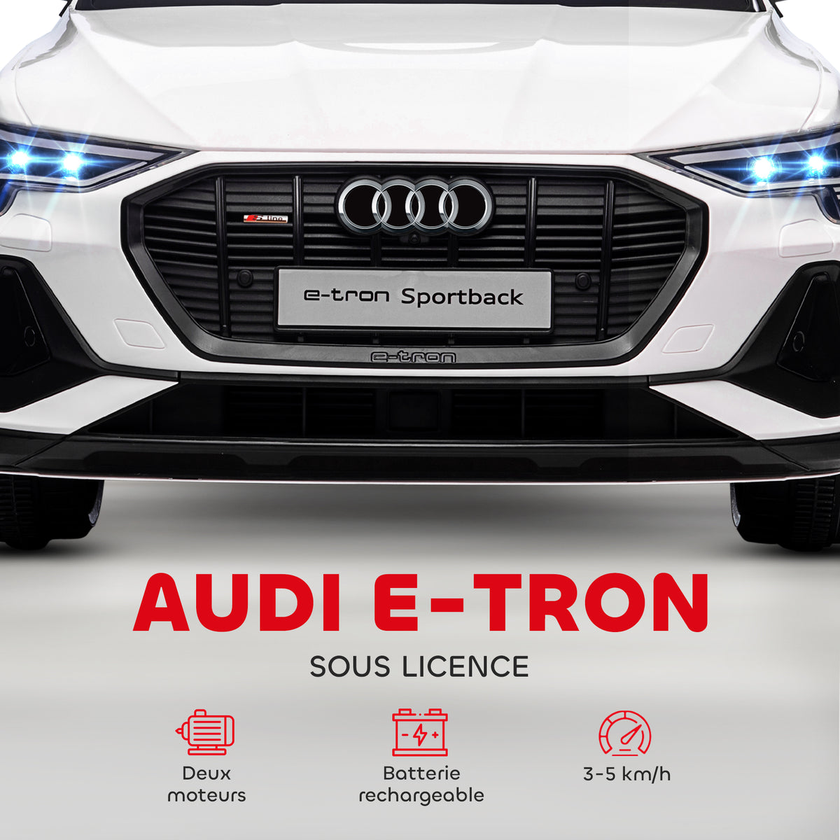 Voiture électrique enfants sous Licence Audi e-tron Sportback, véhicule électrique 12V Max. 5 Km/h avec télécommande 2,4G, phares LED, musique, klaxon, port USB, MP3, blanc