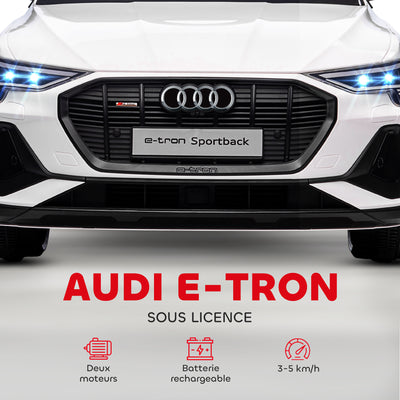 Voiture électrique enfants sous Licence Audi e-tron Sportback, véhicule électrique 12V Max. 5 Km/h avec télécommande 2,4G, phares LED, musique, klaxon, port USB, MP3, blanc