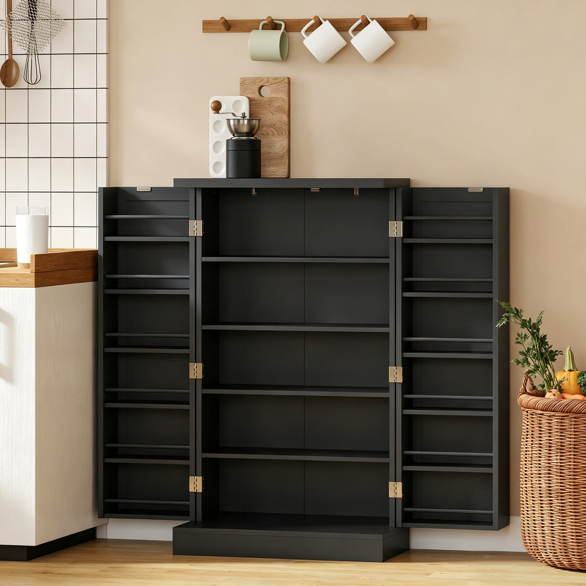 Armoire de Cuisine, Buffet Cuisine, avec 2 Portes, 12 Porte-Racks, 5 Compartiments et Étagères Réglables, Noir